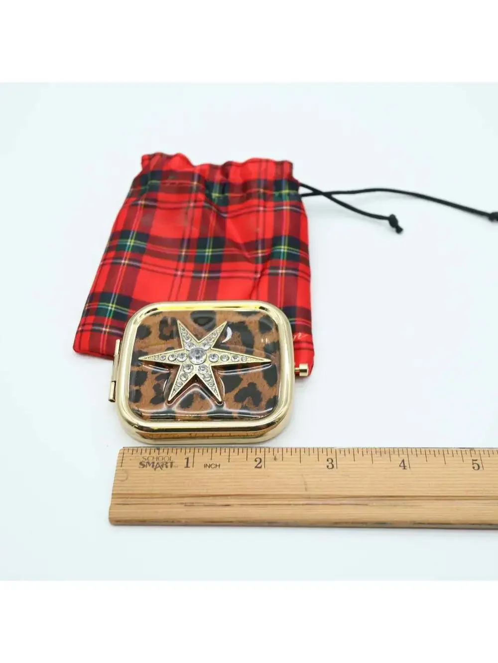 Avon Leopard Print Compact Mirror Rhinestone Star Gold Tone w Plaid Pouch